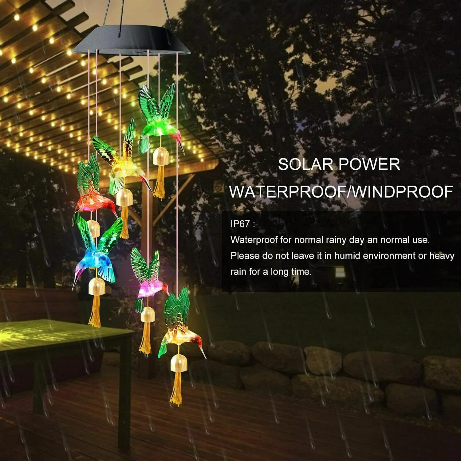 Solar Changing Color Hummingbird Wind Chime Hanging Lamp Windchime Light Garden