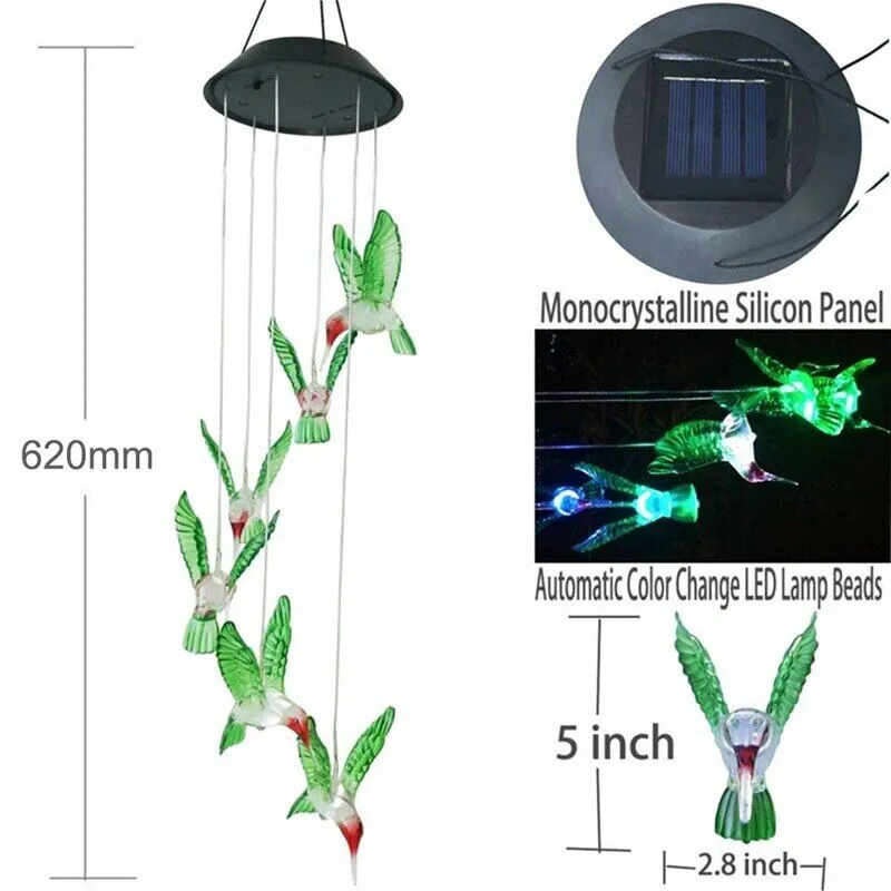 Solar Changing Color Hummingbird Wind Chime Hanging Lamp Windchime Light Garden