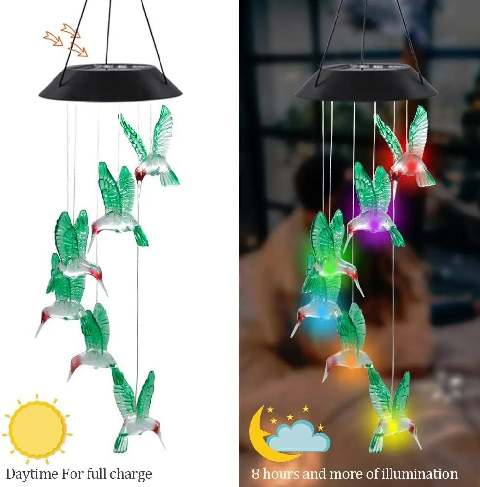 Solar Changing Color Hummingbird Wind Chime Hanging Lamp Windchime Light Garden