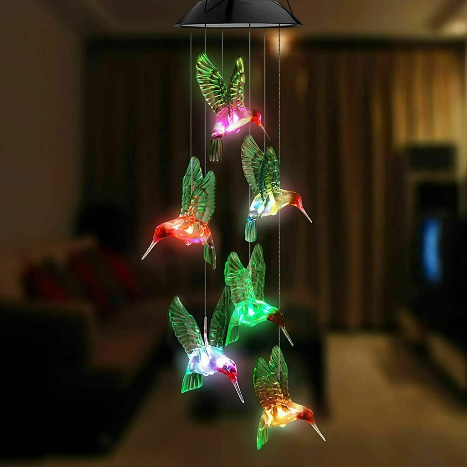 Solar Changing Color Hummingbird Wind Chime Hanging Lamp Windchime Light Garden