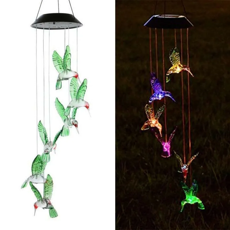 Solar Changing Color Hummingbird Wind Chime Hanging Lamp Windchime Light Garden