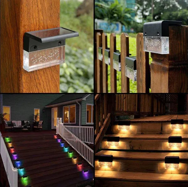 Solar Deck Lights 4 Pack, Solar Step Lights Outdoor, Warm White/Color Changing Solar Fence Light for Patio Garden Yard