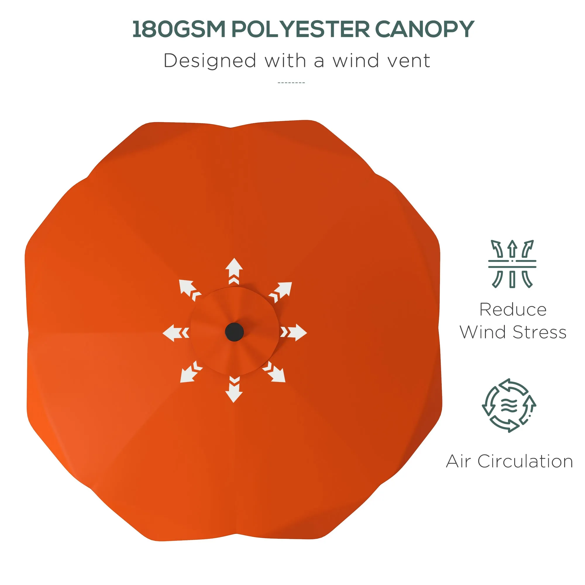 Solar Patio Umbrella with LED and Tilt, Outdoor Market Table Umbrella Parasol with Crank, 3 x 3 (m), Orange