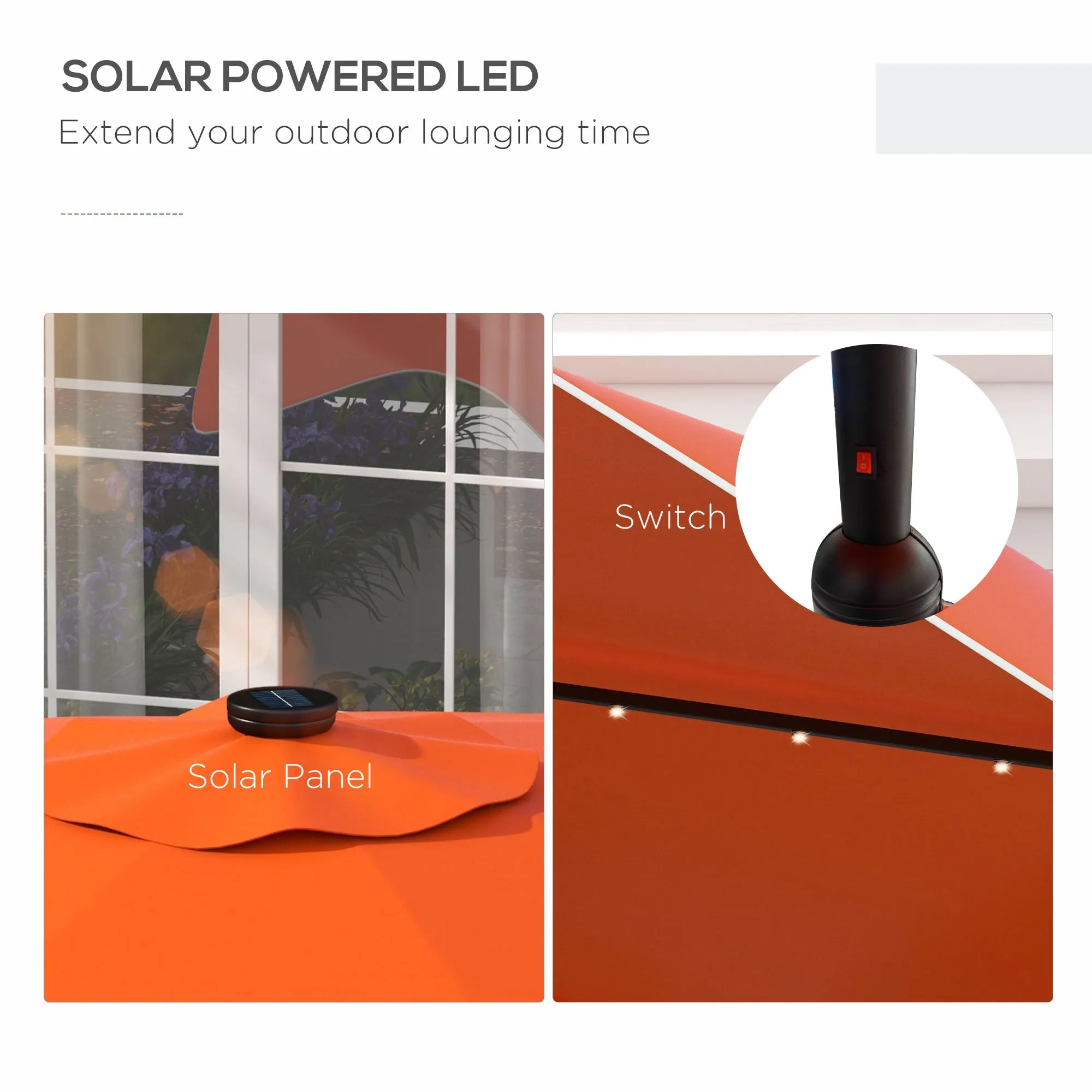 Solar Patio Umbrella with LED and Tilt, Outdoor Market Table Umbrella Parasol with Crank, 3 x 3 (m), Orange