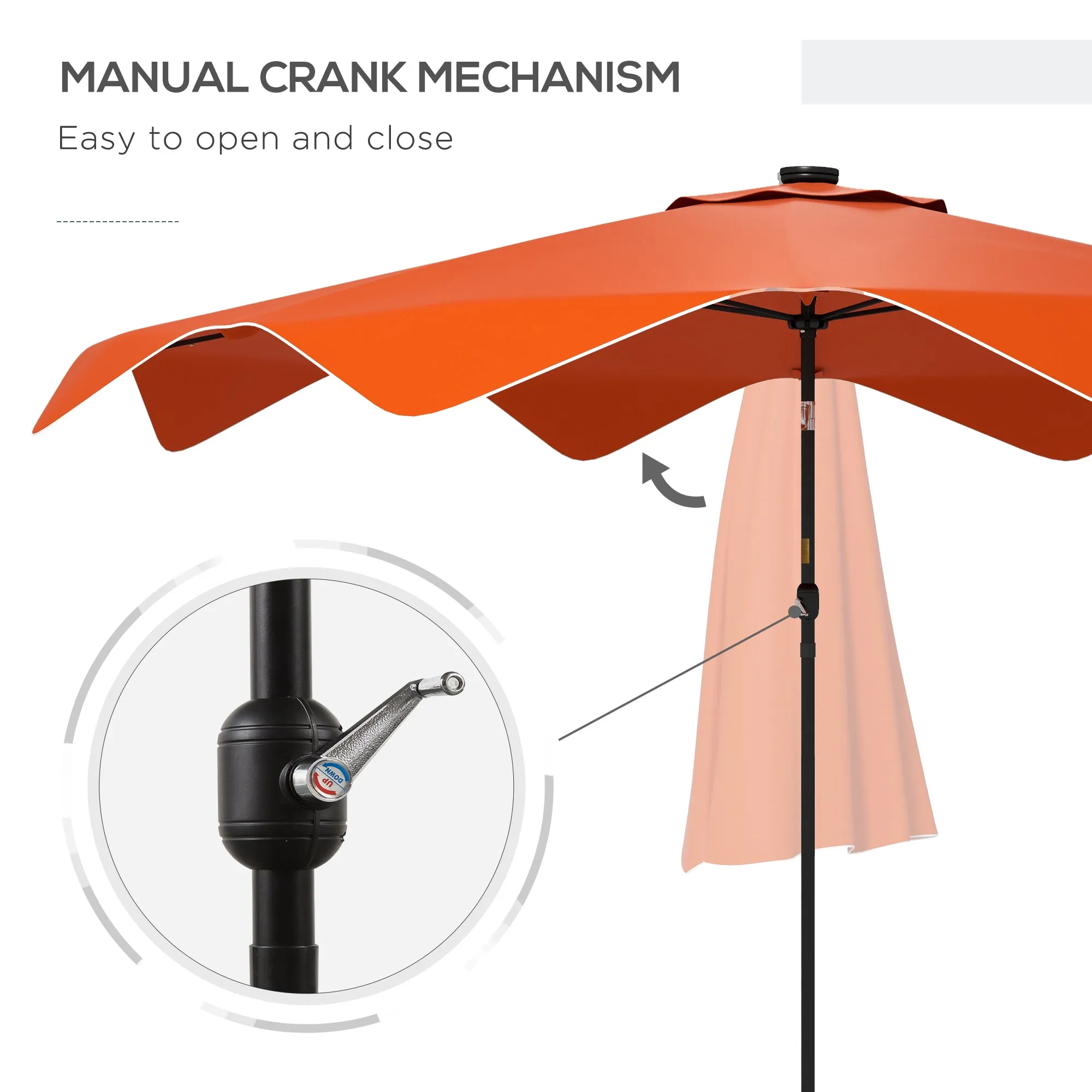 Solar Patio Umbrella with LED and Tilt, Outdoor Market Table Umbrella Parasol with Crank, 3 x 3 (m), Orange