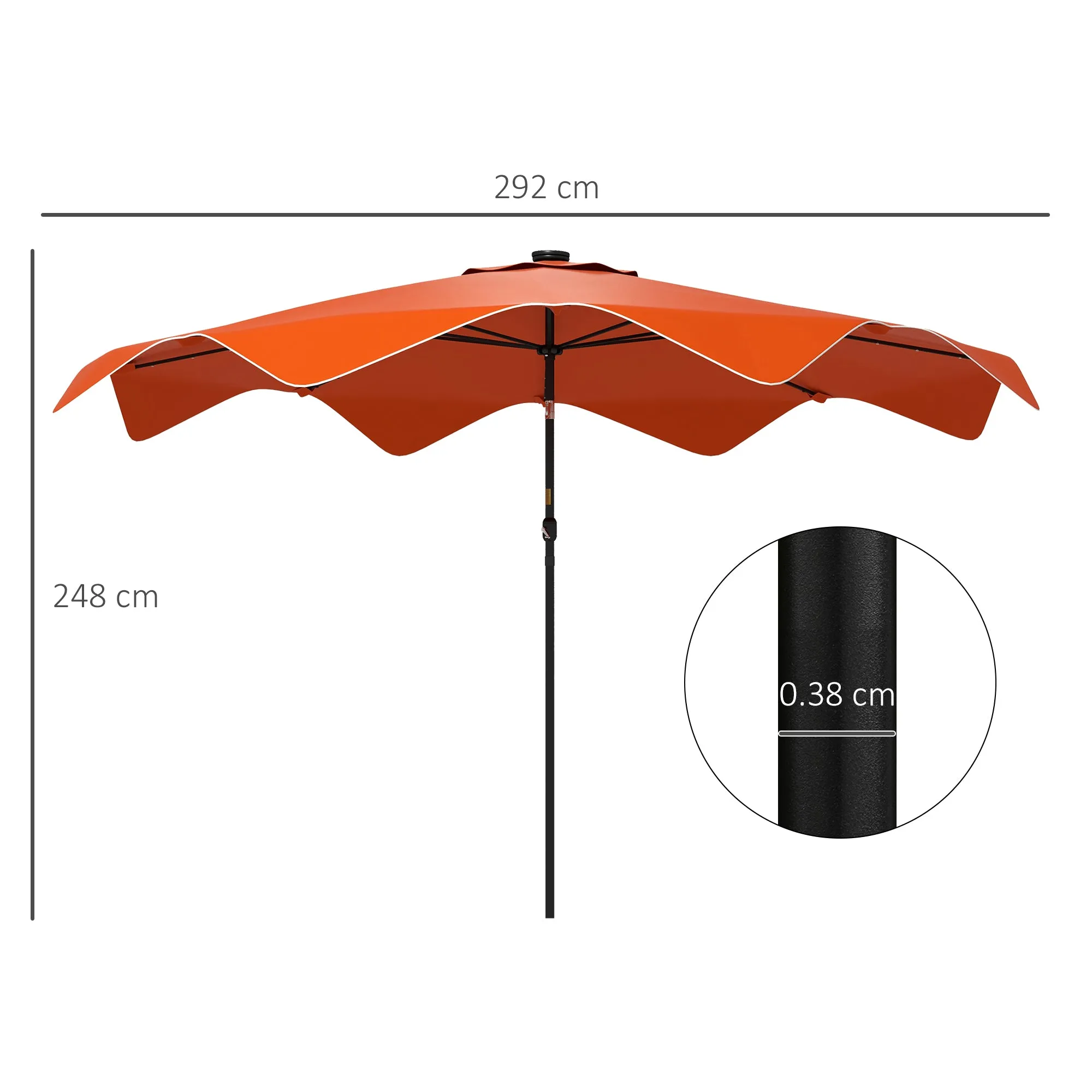 Solar Patio Umbrella with LED and Tilt, Outdoor Market Table Umbrella Parasol with Crank, 3 x 3 (m), Orange