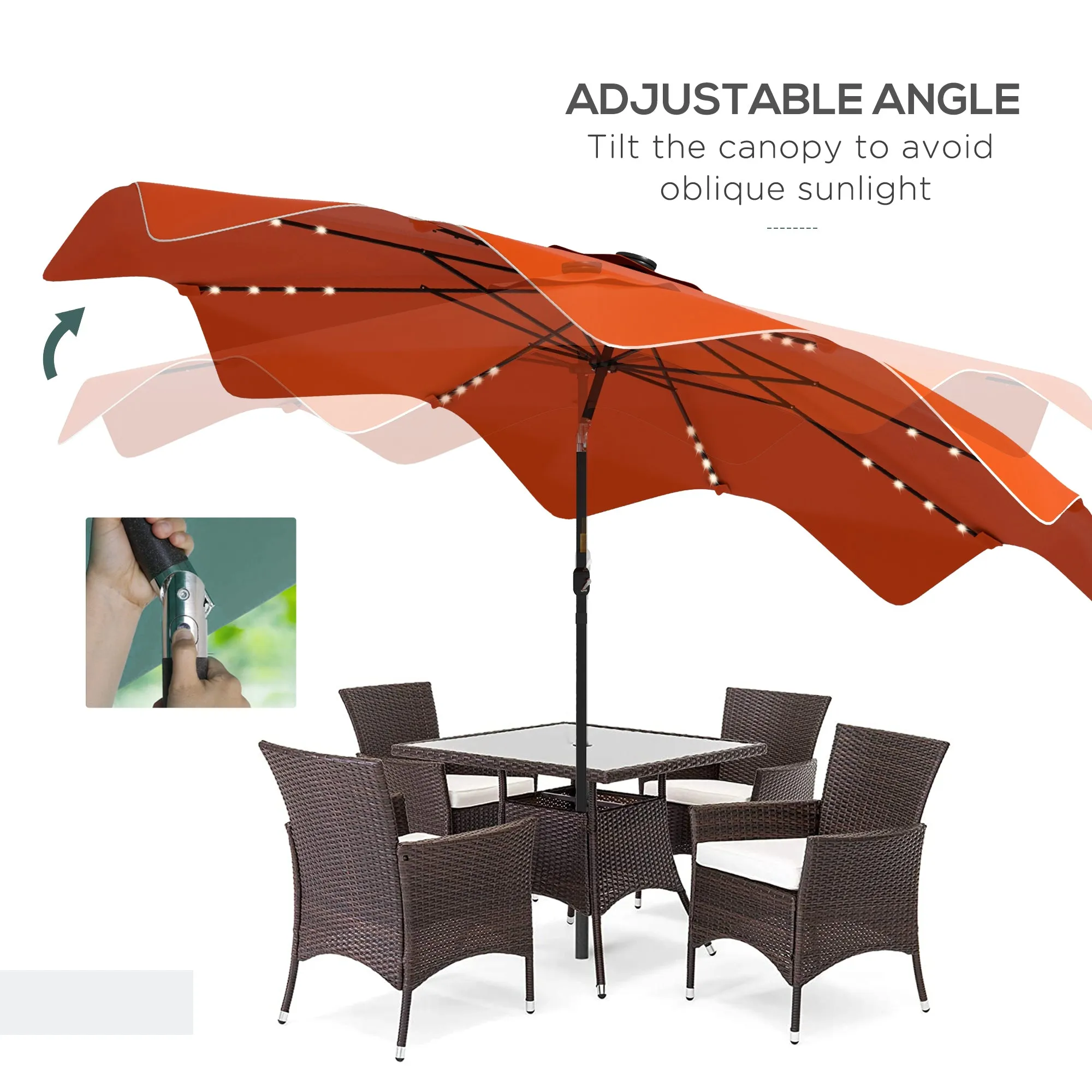 Solar Patio Umbrella with LED and Tilt, Outdoor Market Table Umbrella Parasol with Crank, 3 x 3 (m), Orange
