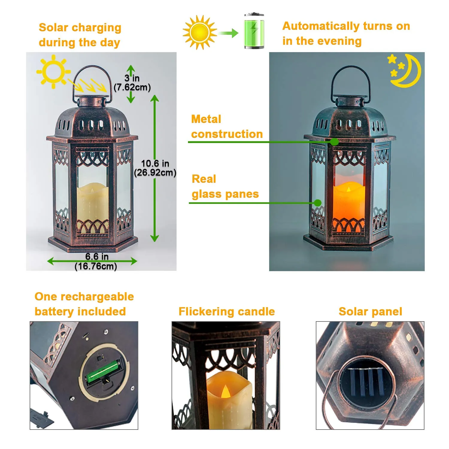 SteadyDoggie Solar Lanterns 2 Pack Bronze - Hanging Solar Lights with Flickering Candle