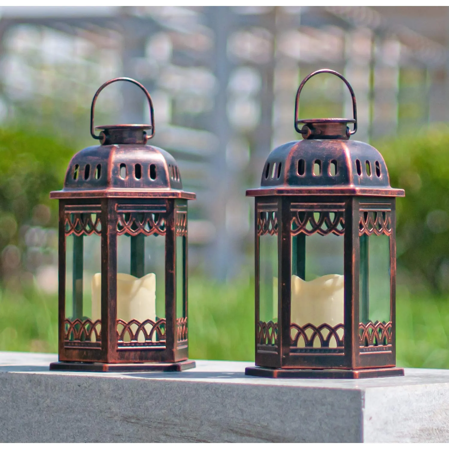 SteadyDoggie Solar Lanterns 2 Pack Bronze - Hanging Solar Lights with Flickering Candle