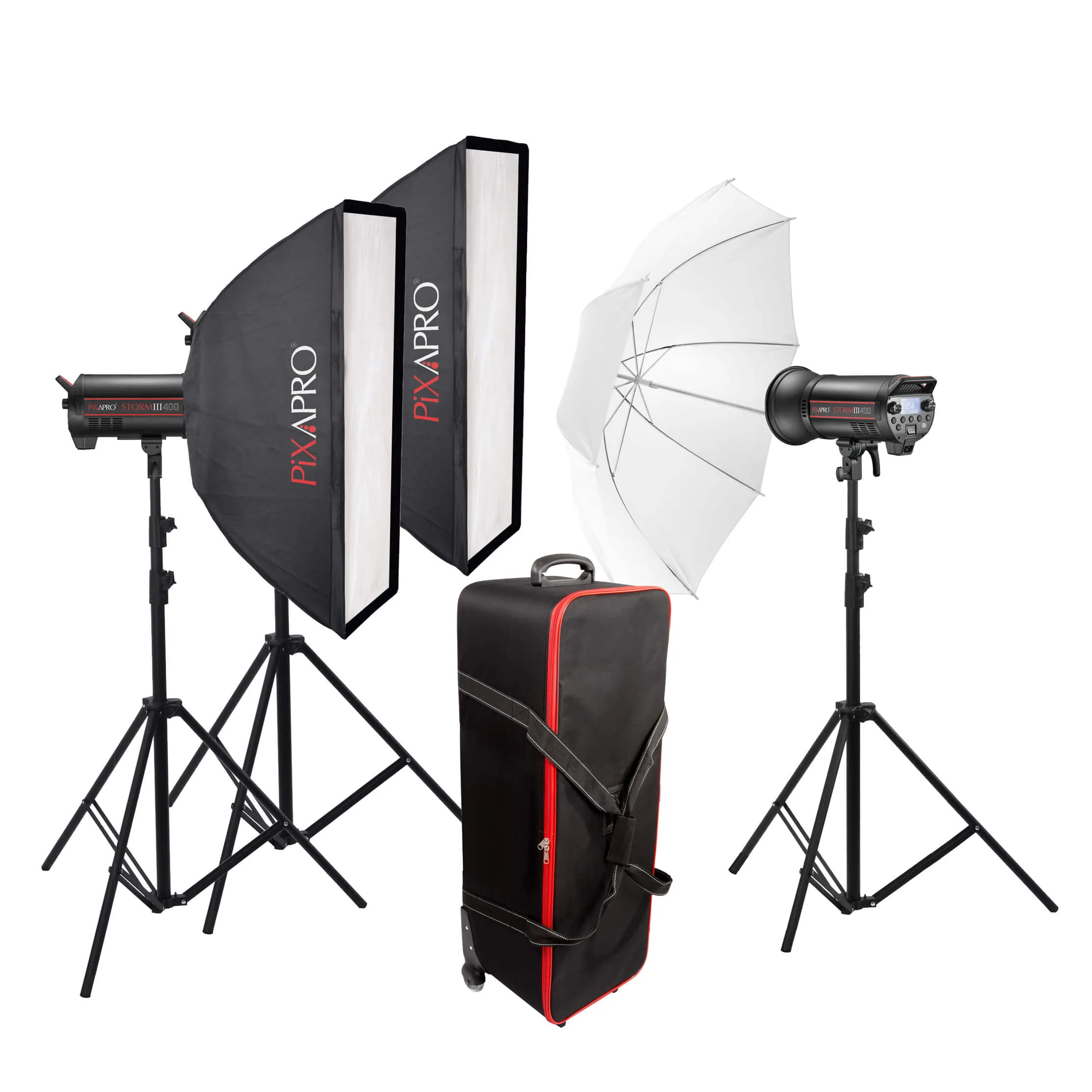 STORM400III Three-Head Battery LED Strobe Light with Umbrella & Softbox - CLEARANCE