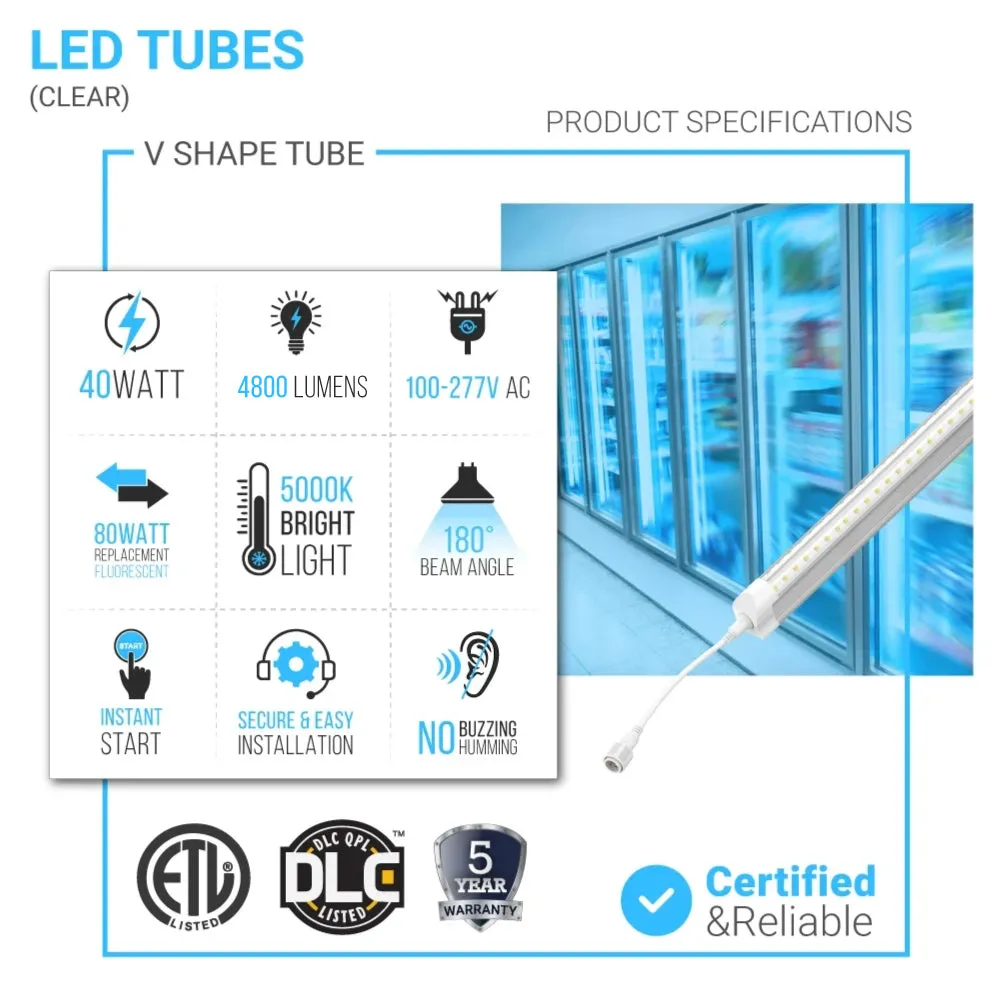 T8 LED Freezer/Cooler Tube - 6ft 40W 5000k - V Shape Clear 4800 Lumens - Rebate Eligible