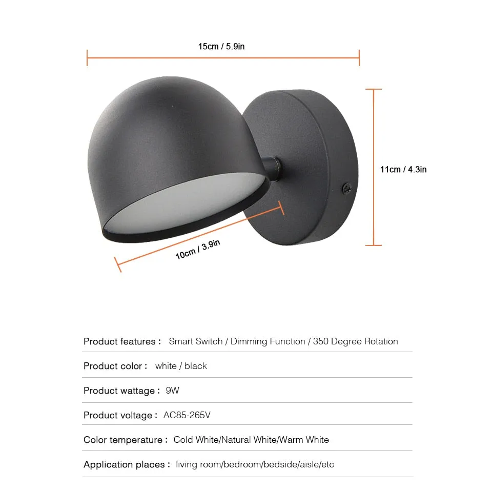 YoE 9W Smart Touch Stepless Dimming Wall Light 350° Rotatable