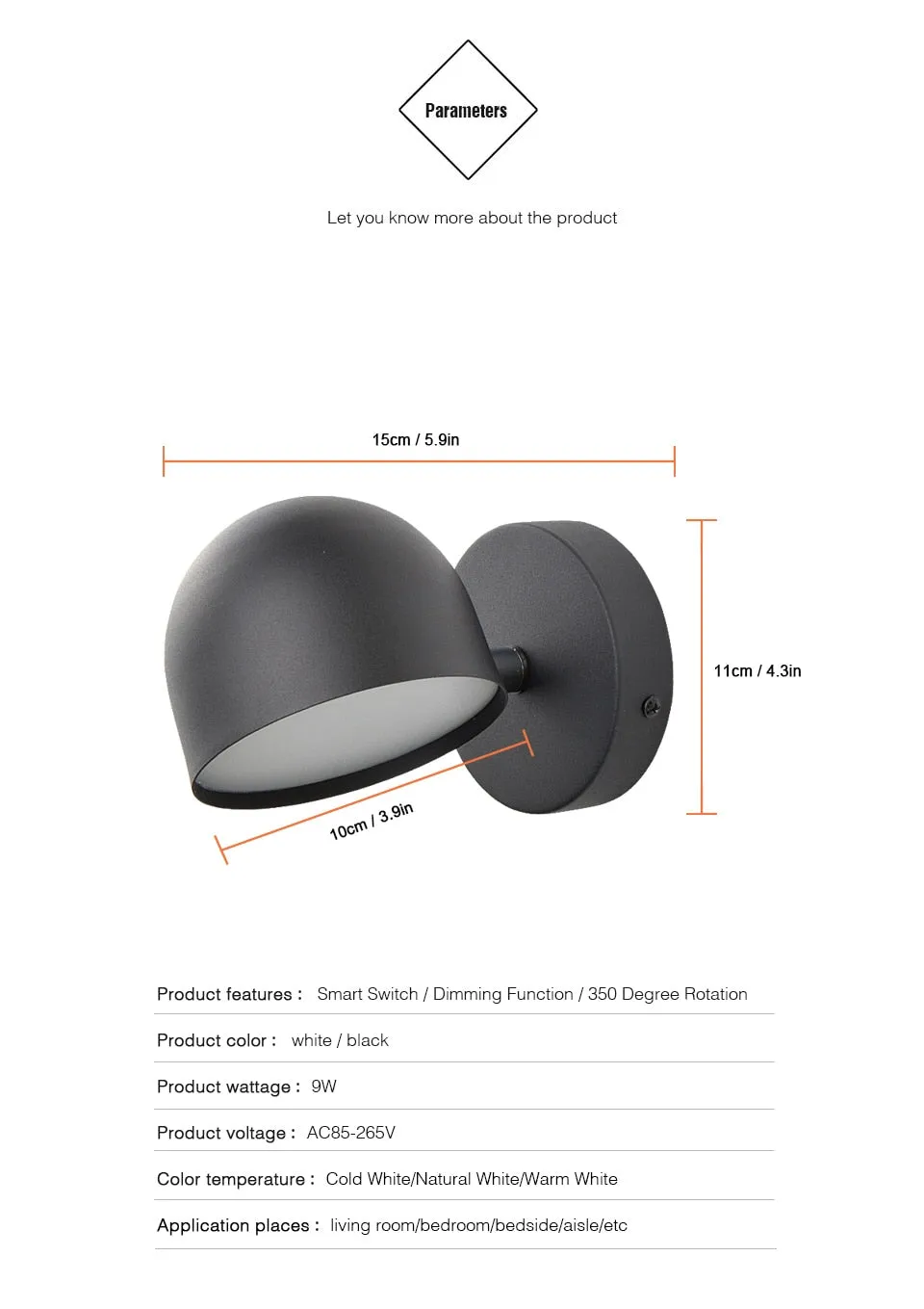 YoE 9W Smart Touch Stepless Dimming Wall Light 350° Rotatable